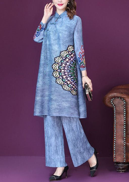 Beautiful Blue Tasseled Print Patchwork Silk Two Pieces Set Spring