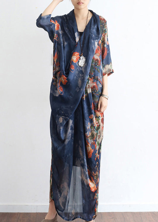 Beautiful Blue V Neck Asymmetrical Print Chiffon Dress Two Pieces Set Half Sleeve