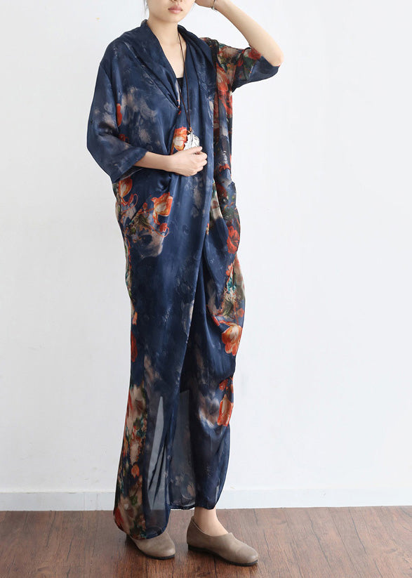 Beautiful Blue V Neck Asymmetrical Print Chiffon Dress Two Pieces Set Half Sleeve