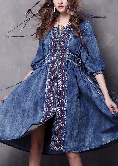 Beautiful Blue V Neck Embroidered Cotton Vacation Denim Dresses Half Sleeve