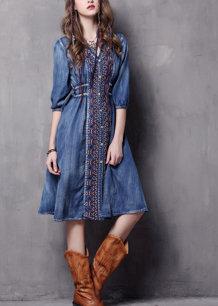Beautiful Blue V Neck Embroidered Cotton Vacation Denim Dresses Half Sleeve