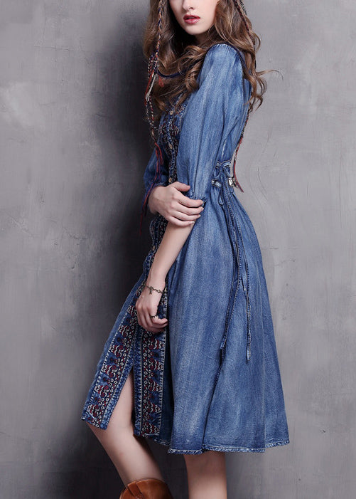 Beautiful Blue V Neck Embroidered Cotton Vacation Denim Dresses Half Sleeve