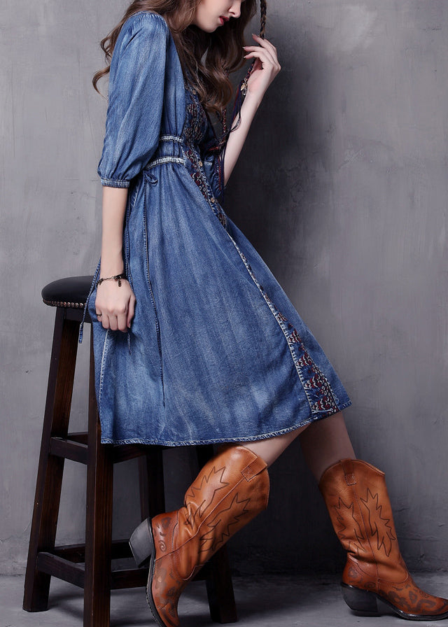 Beautiful Blue V Neck Embroidered Cotton Vacation Denim Dresses Half Sleeve