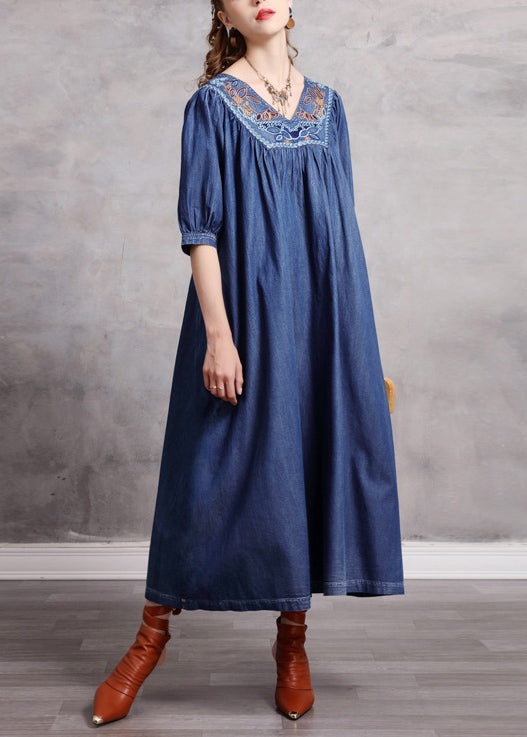 Beautiful Blue V Neck Embroideried Exra Large Hem Cotton Vacation Dresses Half Sleeve