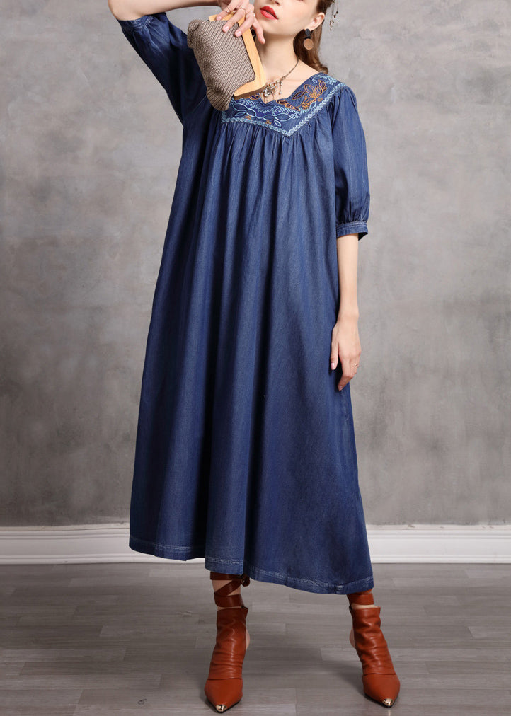 Beautiful Blue V Neck Embroideried Exra Large Hem Cotton Vacation Dresses Half Sleeve