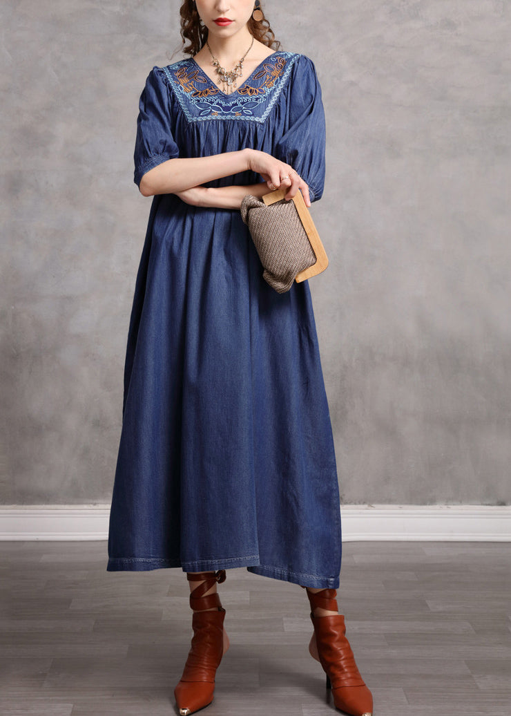Beautiful Blue V Neck Embroidered Extra Large Hem Cotton Vacation Dresses Half Sleeve