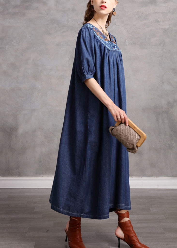 Beautiful Blue V Neck Embroidered Extra Large Hem Cotton Vacation Dresses Half Sleeve