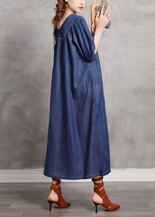 Beautiful Blue V Neck Embroidered Extra Large Hem Cotton Vacation Dresses Half Sleeve