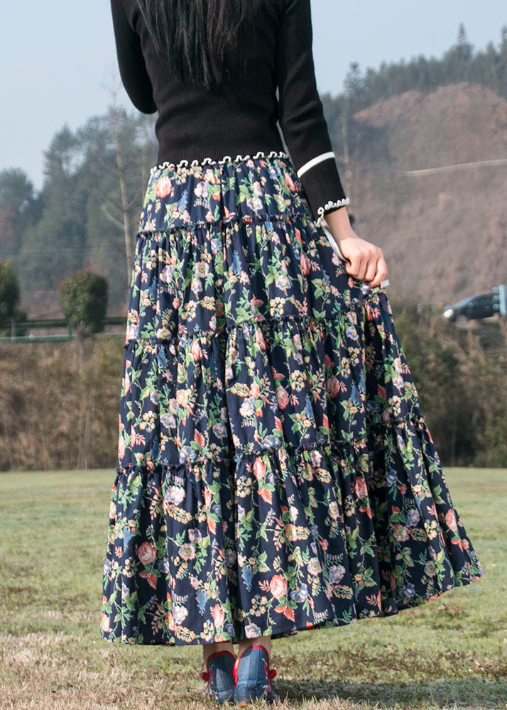 Beautiful Blue Wrinkled Print High Waist Patchwork Cotton Skirts Fall