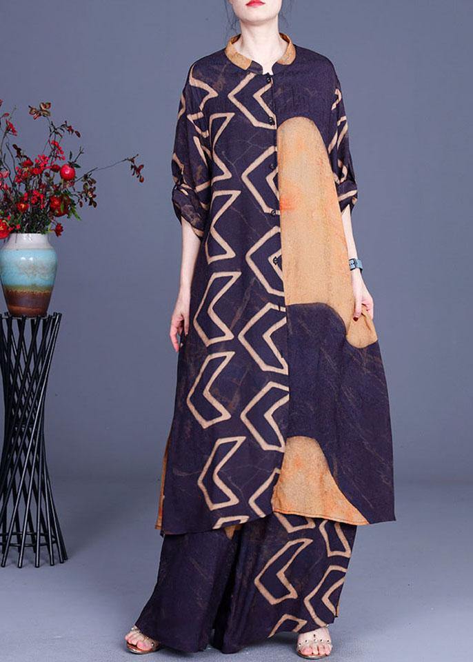 Beautiful Blue Yellow Print Button long shirts Wide Leg Two Pieces Set - Omychic