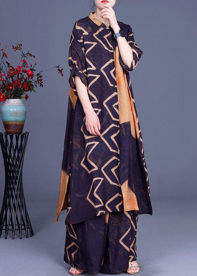 Beautiful Blue Yellow Print Button long shirts Wide Leg Two Pieces Set - Omychic