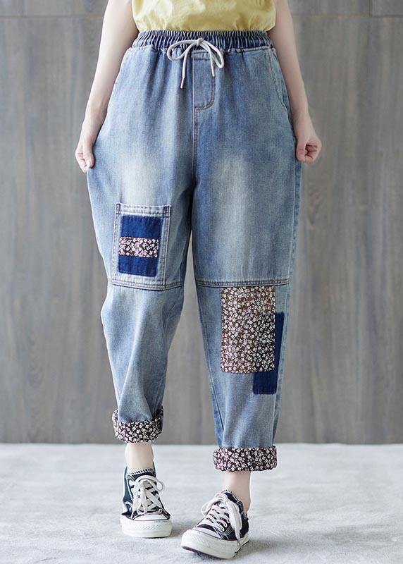 Beautiful Blue patchwork Pockets Cotton Pants Summer - Omychic