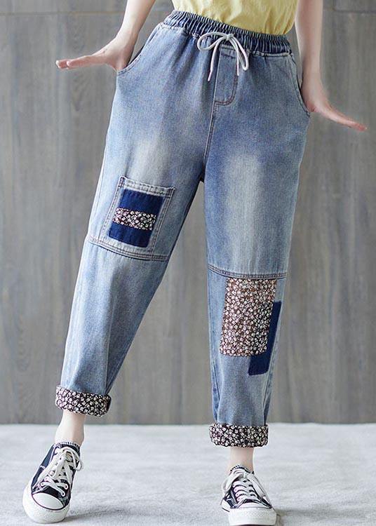 Beautiful Blue patchwork Pockets Cotton Pants Summer - Omychic