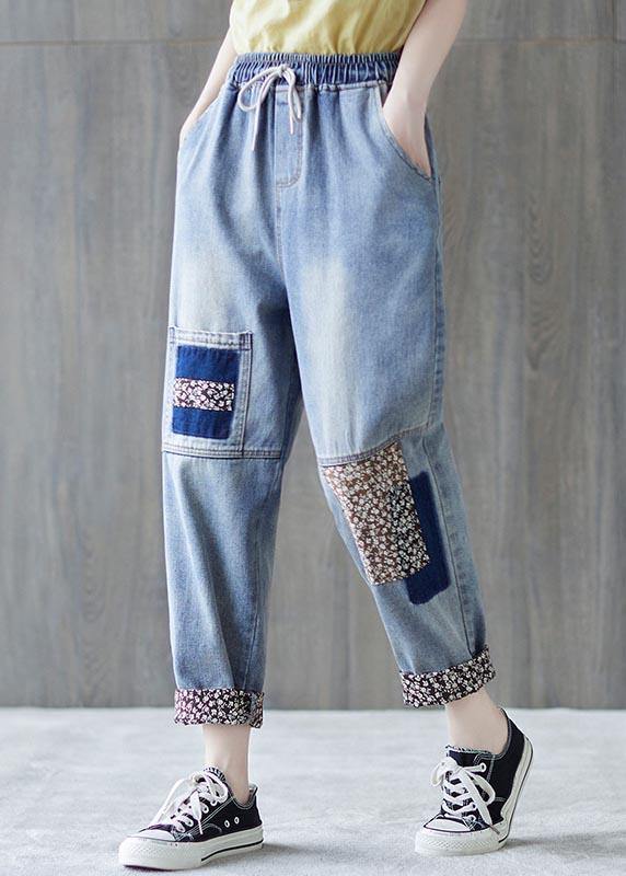 Beautiful Blue patchwork Pockets Cotton Pants Summer - Omychic
