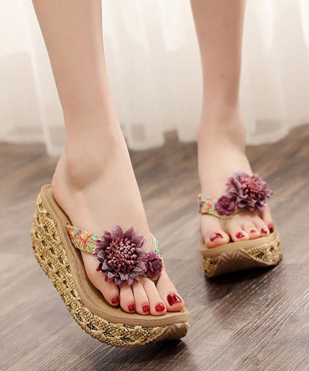 Beautiful Brown Knit Fabric Splicing Flower Wedge Thong Sandals