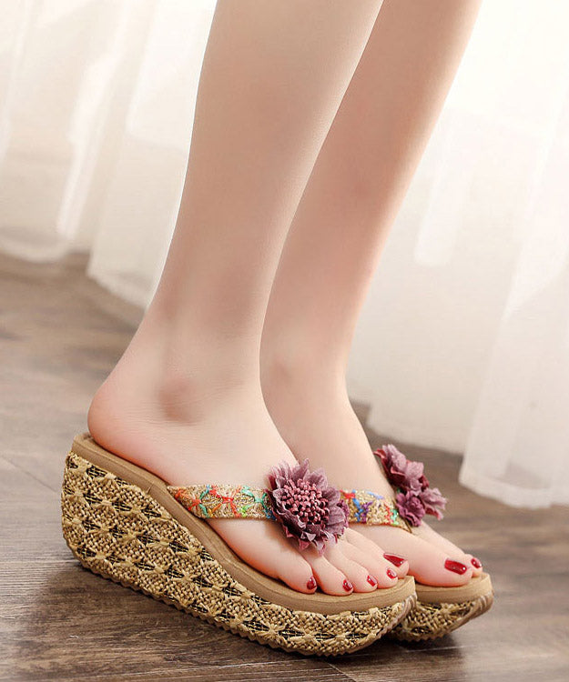 Beautiful Brown Knit Fabric Splicing Flower Wedge Thong Sandals