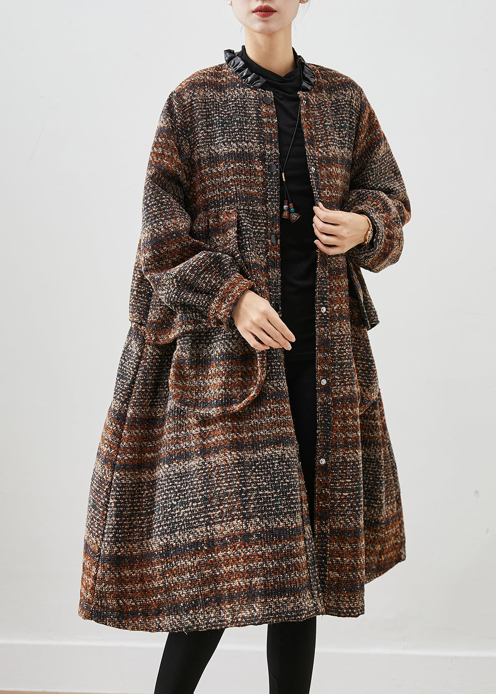 Beautiful Brown Ruffled Pockets Thick Cotton Coats Winter