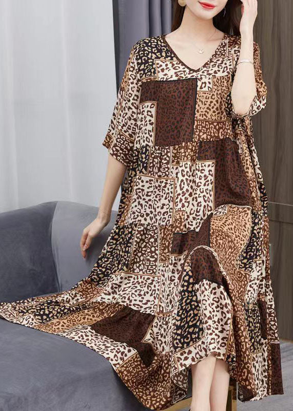 Beautiful Brown V Neck Print Patchwork Chiffon Dresses Summer