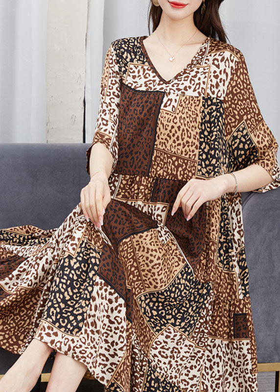 Beautiful Brown V Neck Print Patchwork Chiffon Dresses Summer