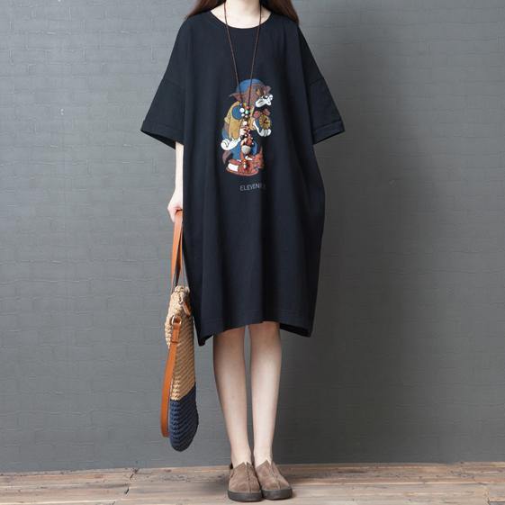 Beautiful Cartoon print short sleeve Cotton tunics for women Shirts black Dress summer - Omychic