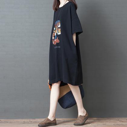 Beautiful Cartoon print short sleeve Cotton tunics for women Shirts black Dress summer - Omychic