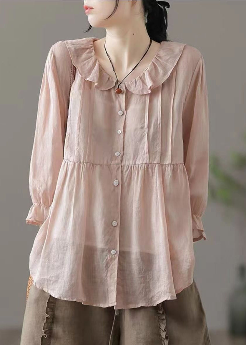 Beautiful Champagne Color Peter Pan Collar Button Cotton Shirt Fall