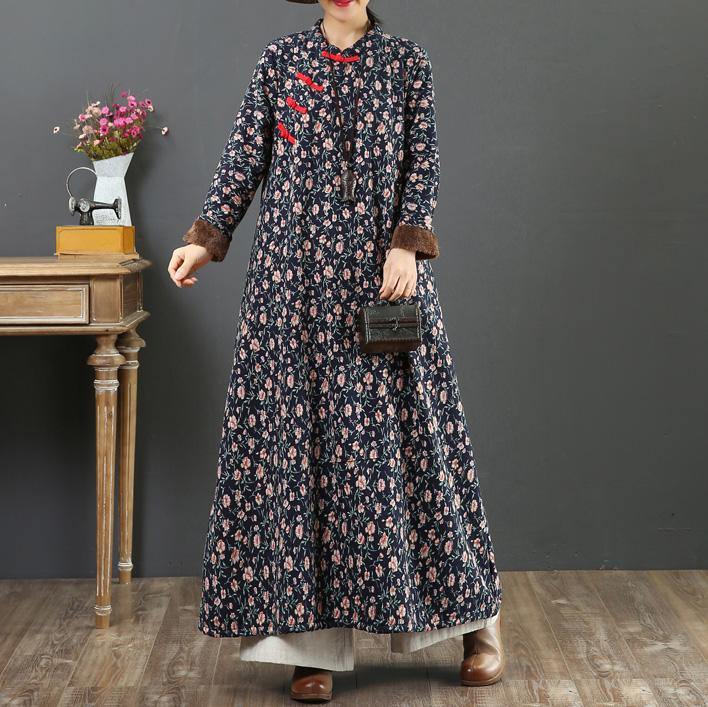 Beautiful Chinese Button cotton stand collar quilting clothes Shape blue floral Dress - Omychic