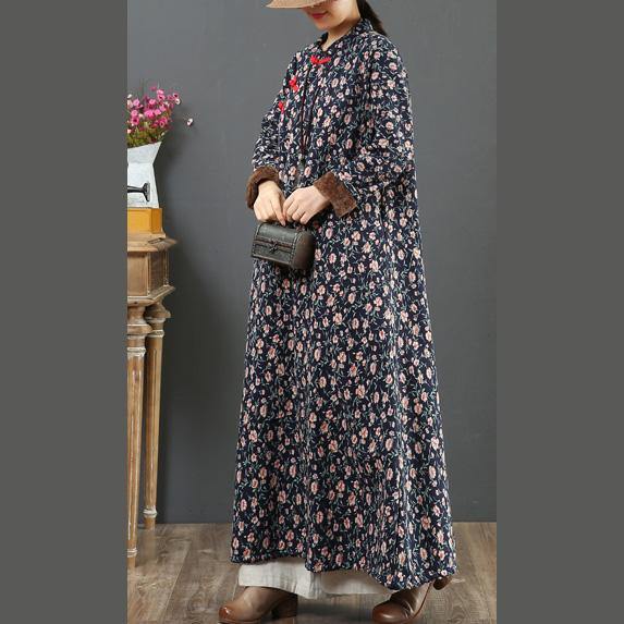 Beautiful Chinese Button cotton stand collar quilting clothes Shape blue floral Dress - Omychic