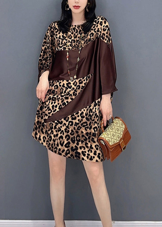 Beautiful Chocolate O-Neck Leopard Print Maxi Dresses Spring