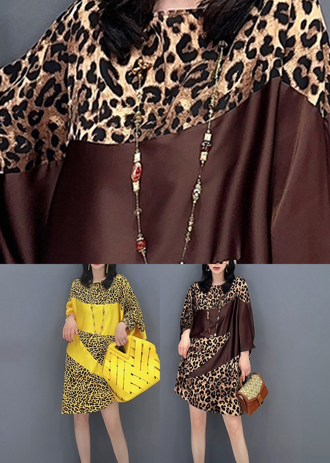Beautiful Chocolate O-Neck Leopard Print Maxi Dresses Spring