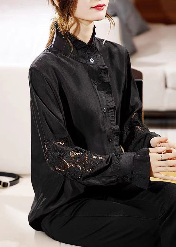 Beautiful Chocolate Ruffled Hollow Out Chiffon Shirt Long Sleeve