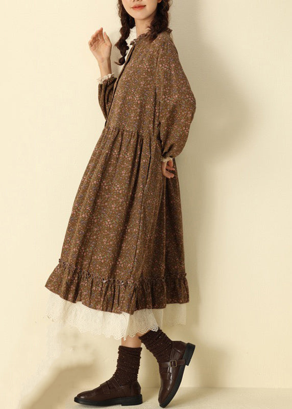 Beautiful Coffee Ruffled Print Cotton Long Dresses Spring