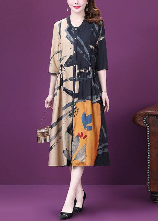 Beautiful Colorblock Drawstring Side Open Print Silk Dresses Summer
