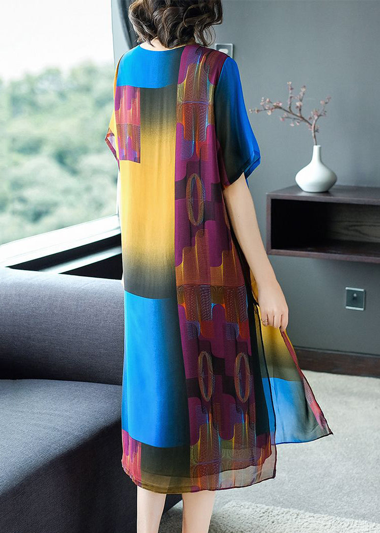 Beautiful Colorblock O Neck Side Open Patchwork Chiffon Dress Summer