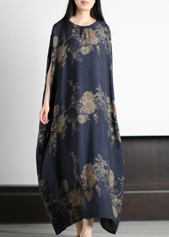 Beautiful Dark Blue O-Neck Print Silk Holiday Dress Short Sleeve