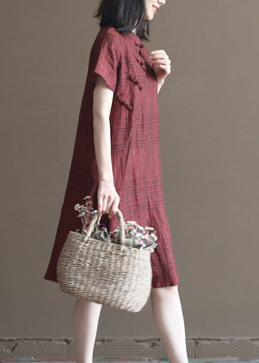 Beautiful Dark Red Plaid Stand Collar Chinese Style Button Linen A Line Dresses Short Sleeve