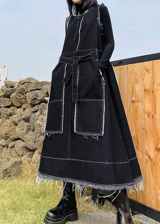 Beautiful Denim Black Tunics O Neck Patchwork Maxi Spring Dress - Omychic