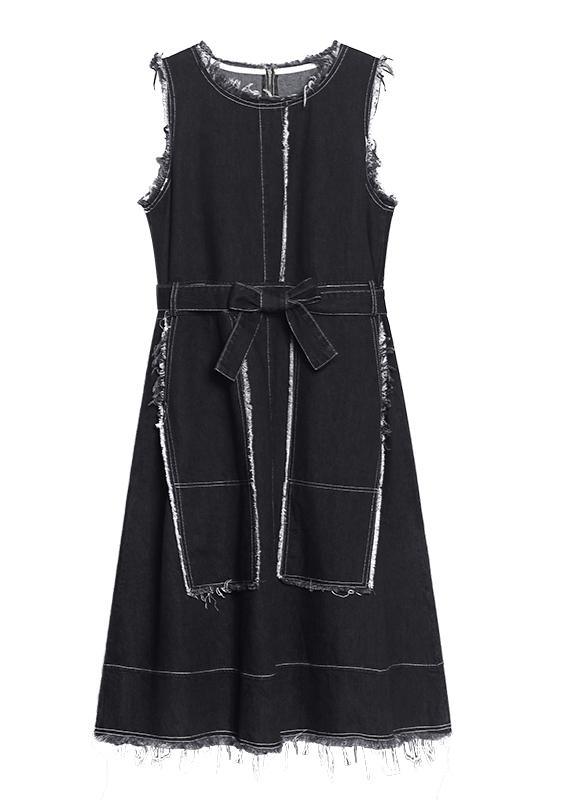 Beautiful Denim Black Tunics O Neck Patchwork Maxi Spring Dress - Omychic