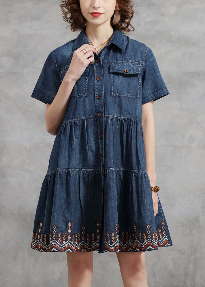 Beautiful Denim Blue Peter Pan Collar Embroidered Cotton Shirt Dress Short Sleeve