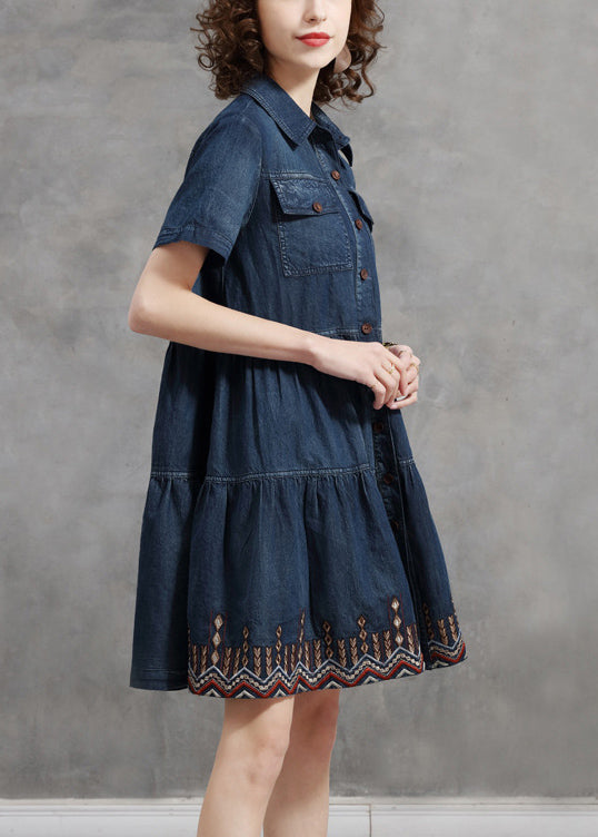 Beautiful Denim Blue Peter Pan Collar Embroidered Cotton Shirt Dress Short Sleeve