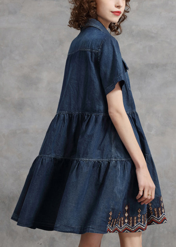 Beautiful Denim Blue Peter Pan Collar Embroidered Cotton Shirt Dress Short Sleeve