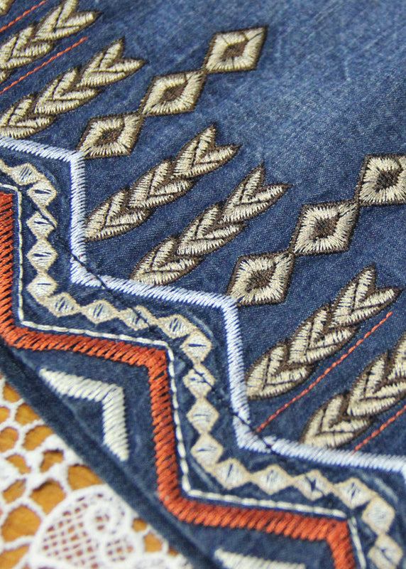 Beautiful Denim Blue Peter Pan Collar Embroidered Cotton Shirt Dress Short Sleeve