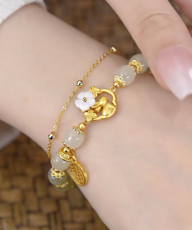 Beautiful Gold Sterling Silver Overgild Inlaid Jade Rabbit Floral Charm Bracelet
