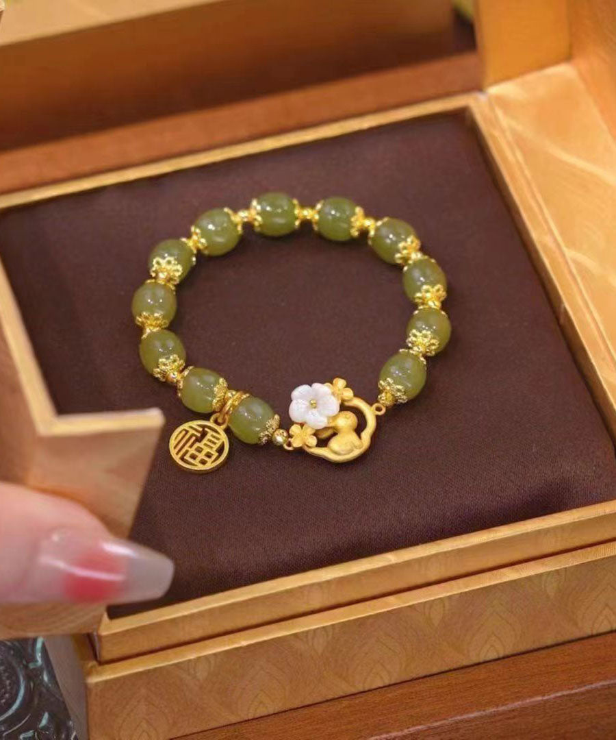 Beautiful Gold Sterling Silver Overgild Inlaid Jade Rabbit Floral Charm Bracelet