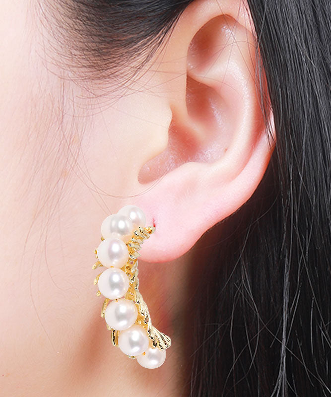 Beautiful Gold Sterling Silver Overgild Pearl Hoop Earrings