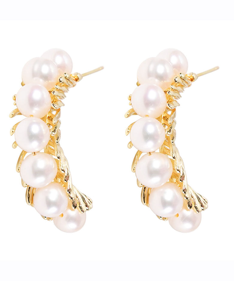 Beautiful Gold Sterling Silver Overgild Pearl Hoop Earrings