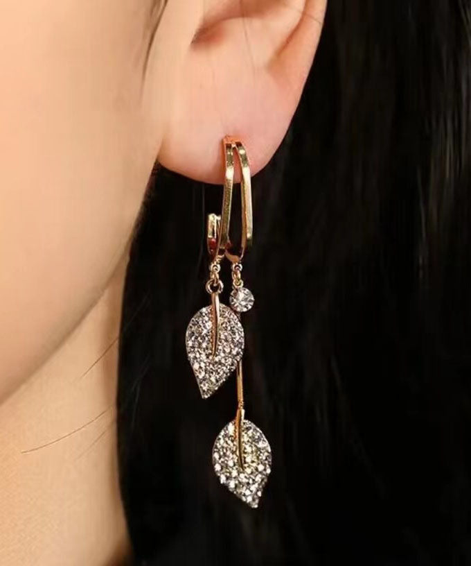 Beautiful Gold Sterling Silver Zircon Leaf Drop Earrings