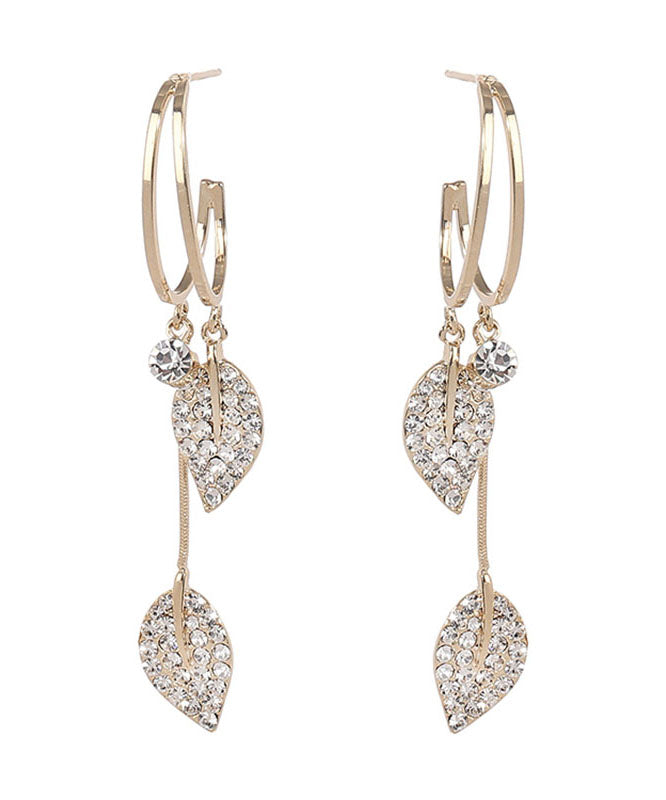 Beautiful Gold Sterling Silver Zircon Leaf Drop Earrings