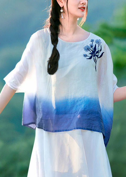 Beautiful Gradient Color O Neck Embroideried Linen T Shirt Summer
