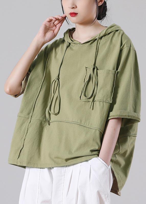 Beautiful Grass Green hooded Patchwork Cotton Tee Summer - Omychic